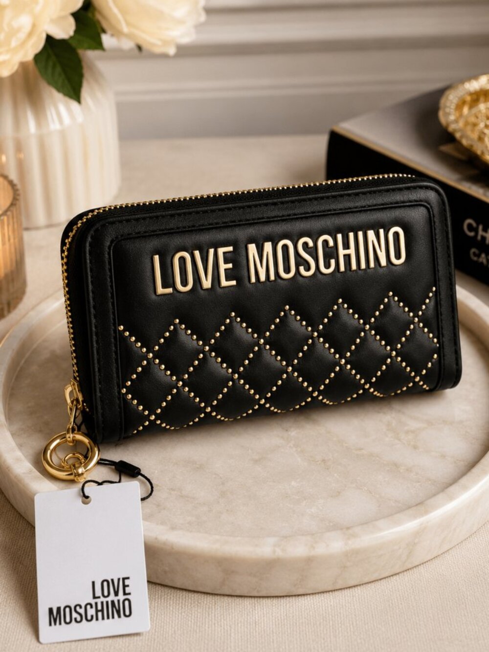 Love Moschino Black Quilted Zip-Around Wallet Gold Studs NWT